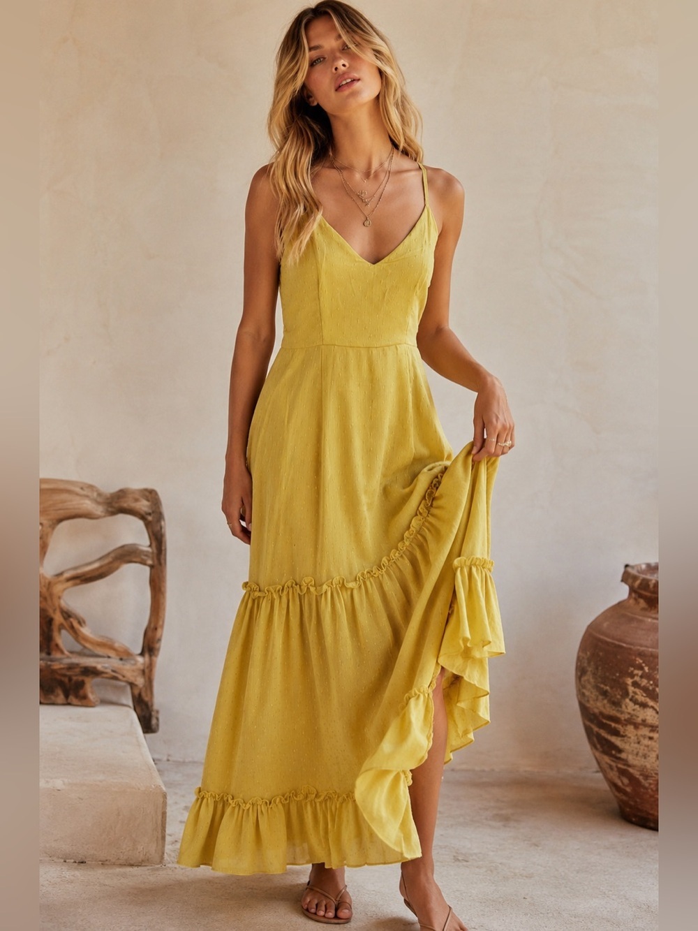 New Raga Sz XS Mustard Yellow Swiss Dot Tiered Maxi Dress Boho Sundress